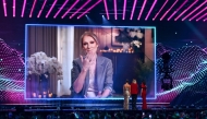 A giant screen shows Canadian singer Celine Dion giving a recorded message during the dress rehearsal for the final of the Eurovision Song Contest 2025 on May 16, 2025. (Photo by Fabrice Coffrini / AFP)