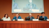 Minister of Public Health H E Mansoor bin Ebrahim Al Mahmoud (second right) addressing the event. 