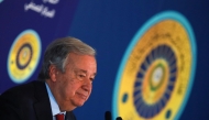 UN Secretary General Antonio Guterres holds a press conference on the sidelines of the 34th Arab League summit in Baghdad on May 17, 2025. Photo by AMEER AL-MOHAMMEDAWI / POOL / AFP.