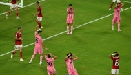 Inter Miami's Uruguayan defender #37 Maximiliano Falcon (bottom C) reacts after a missed scoring opportunity during the Club World Cup 2025 Group A football match between Egypt's Al-Ahly and US Inter Miami at the Hard Rock stadium in Miami on June 14, 2025. (Photo by Roberto Schmidt / AFP)
