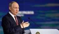 Russia's President Vladimir Putin gives a speech at the plenary session during the Saint Petersburg International Economic Forum (SPIEF) in Saint Petersburg on June 20, 2025. Photo by Olga MALTSEVA / AFP.