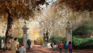 A handout picture released by Foster + Partners on June 24, 2025 shows an artist's impression of a sculpture depicting Britain's late Queen Elizabeth II and Prince Philip as part of the Queen Elizabeth II Memorial to be designed by renowned British architect Norman Foster in St James's Park next to Buckingham Palace. (Photo by Handout / FOSTER + PARTNERS / AFP) 