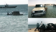 Photo combination: Emergency teams rescue submerged vehicle in Sealine waters / Screengrab from @moecc_qatar on X

