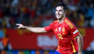 Spain's midfielder #18 Martin Zubimendi celebrates scoring the opening goal during the UEFA Nations League, league A group 4 football match between Spain and Denmark at Nueva Condomina stadium in Murcia, on October 12, 2024. Photo by JOSE JORDAN / AFP