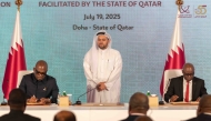 Minister of State at the Ministry of Foreign Affairs H E Dr. Mohammed bin Abdulaziz bin Saleh Al-Khulaifi and Presidential Envoy and Senior Advisor for Africa at the US Department of State H E Massad Boulos during the signing ceremony for a Declaration of Principles between the Government of the Democratic Republic of the Congo and the Congo River Alliance/March 23 Movement in Doha yesterday.
