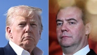 (COMBO) This combination of pictures created on August 01, 2025 shows, L/R, US President Donald Trump boarding Air Force One at RAF Lossiemouth, north-east Scotland on July 29, 2025 and then Russian Prime Minister Dmitry Medvedev in Moscow on January 7, 2020. (Photo by Brendan SMIALOWSKI and Kirill KUDRYAVTSEV / AFP)
