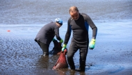 Volunteers remove piles of washed-up seaweed of the invasive Rugulopteryx okamurae algae, originating from east Asia, from Al-Marsa beach in Algiers on July 30, 2025. (Photo by AFP)