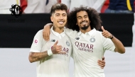 Al Sadd’s Akram Afif (right) celebrates with teammate Roberto Firmino after scoring the team’s second goal.