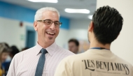 Dr. Guthrie welcomes families on the first day of school