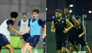 Al Duhail players during a training session as they prepare for match against Al Rayyan (left) and Al Rayyan players attend a training session.