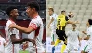 Collage of Al Shamal’s Baghdad Bounedjah (right) celebrates with teammate Musaab Khidir after scoring team's  second goal against Al Sailiya yesterday; and (right) Action during the match between Qatar SC and Al Ahli.  