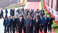 This picture taken on September 3, 2025 and released from North Korea's official Korean Central News Agency (KCNA) on September 4, 2025 shows (front L-R) Russia's President Vladimir Putin, China's President Xi Jinping and North Korean leader Kim Jong Un arriving to a military parade. (Photo by KCNA VIA KNS / AFP) 