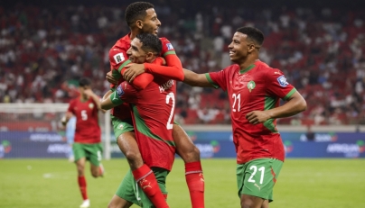 Morocco's midfielder Azzedine Ounahi celebrates scoring with teammates during the FIFA World Cup 2026 Group E African qualification football match between Morocco and Niger at the Prince Moulay Abdellah Sports Complex in Rabat on September 5, 2025. (Photo by Abdel Majid Bziouat / AFP)