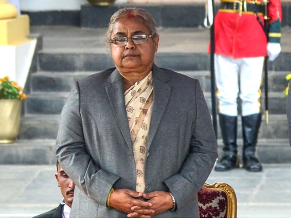 (Files) Nepal's Chief Justice Sushila Karki attends the swearing-in ceremony of the country's newly elected Prime Minister Pushpa Kamal Dahal (not pictured) at the President House in Shital Niwas in Kathmandu on August 4, 2016. (Photo by Prakash Mathema / AFP)
