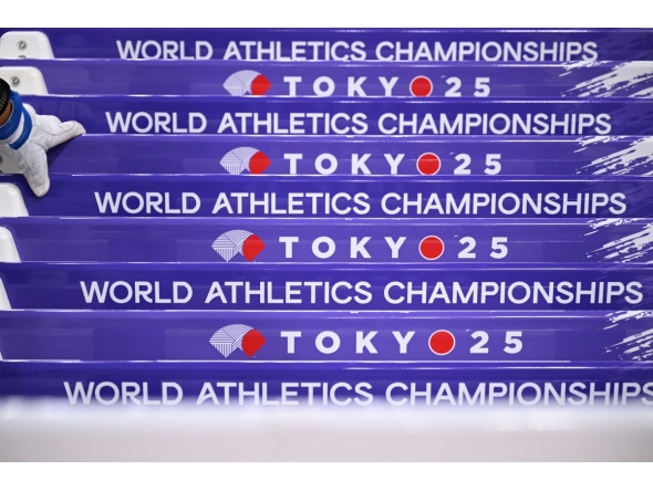 Hurdles are arranged at the National Stadium in Tokyo on September 12, 2025, ahead of the World Athletics Championships. (Photo by Kirill KUDRYAVTSEV / AFP)

