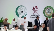 Members of the media gather at the press room reserved for the coverage of the upcoming Arab-Islamic summit, organised to discuss the recent Israeli attack on Qatar, in Doha on September 14, 2025. Photo by Karim Jaafar/ AFP
