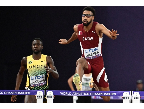 Qatar’s Abderrahman Samba competes in the men’s 400m hurdles heats.