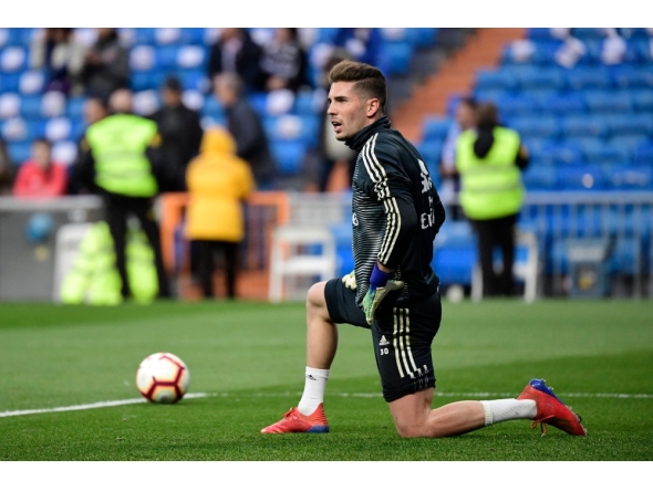(Files) Real Madrid's French goalkeeper Luca Zidane warms up before the Spanish League football match between Real Madrid CF and SD Huesca at the Santiago Bernabeu stadium in Madrid on March 31, 2019. (Photo by Javier Soriano / AFP)