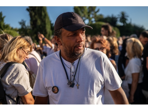 Panos Routsi, father of a boy killed in the Tempi railway collision in February 2023, looks on as he entered his seventh day of a hunger strike to demand that his son's body be exhumed so that the cause of death can be determined through toxicological tests, outside the Greek Parliament in Athens on September 21, 2025. Photo by Angelos TZORTZINIS / AFP