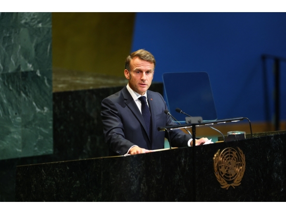 France's President Emmanuel Macron speaks during a United Nations Summit on Palestinians at UN headquarters during the United Nations General Assembly (UNGA) in New York on September 22, 2025. (Photo by Angela Weiss / AFP)