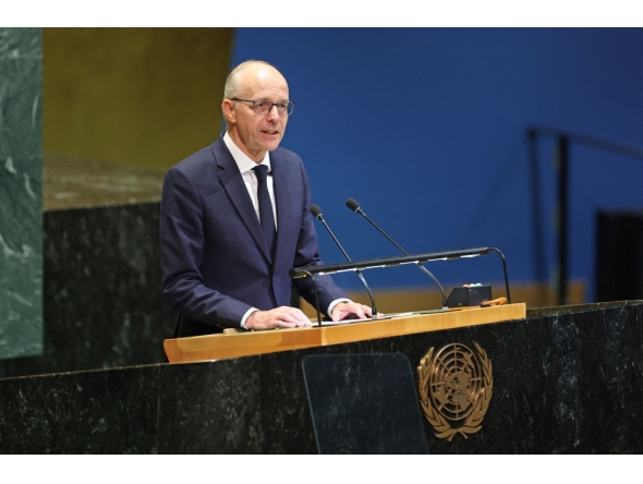 Luxembourg's Prime Minister Luc Frieden speaks during a United Nations Summit on Palestinians at UN headquarters on September 22, 2025. (Photo by Angela Weiss / AFP)