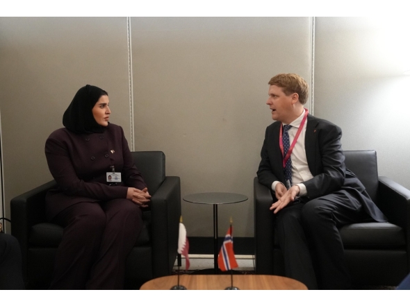 Minister of State for International Cooperation H E Dr. Maryam bint Ali bin Nasser Al Misnad meeting with Minister of International Development of the Kingdom of Norway H E Asmund Aukrust on the sidelines of the 80th session of the United Nations General Assembly in New York.