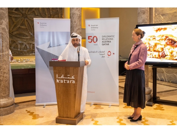 Katara General Manager H E Professor Dr. Khalid bin Ibrahim Al-Sulaiti and Ambassador of Austria to Qatar H E Erika Bernhard at the event.
