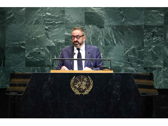 San Marino's Foreign and Political Affairs Minister Luca Beccari addresses the United Nations General Assembly at UN headquarters in New York City on September 27, 2025. (Photo by Charly Triballeau / AFP)