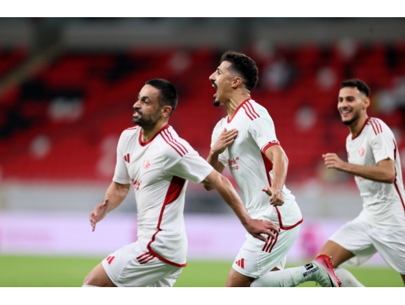 Al Shamal’s Omid Ebrahimi (left) celebrates his equaliser with teammates Baghdad Bounedjah (centre) and Mohamed Naceur Manai.