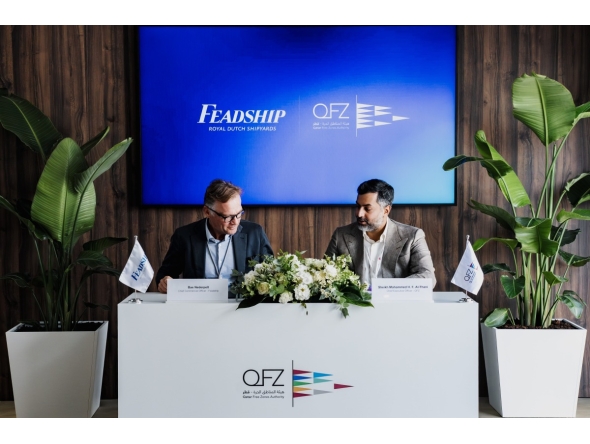 QFZ CEO, Sheikh Mohammed bin Hamad bin Faisal Al-Thani, and Bas Nederpelt, Chief Commercial Officer of Feadship during the signing ceremony.