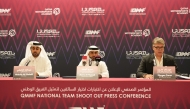 From left: Driver Coach Abdulla Al Khelaifi, QMMF Executive Director  Al Hamad and QMMF Shoot Out Team Lead Morgan Caron during a press conference yesterday. 