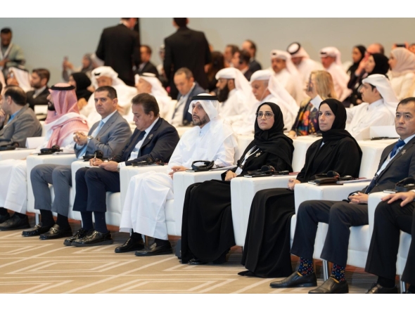 Minister of Social Development and Family H E Buthaina bint Ali Al Jabr Al Nuaimi (second right); Minister of Public Health H E  Mansoor bin Ebrahim Al Mahmoud (fourth right); and other dignitaries at the Sixth Global Ministerial Mental Health Summit yesterday. 