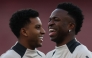File: Real Madrid's Brazilian forward #11 Rodrygo (left) and Real Madrid's Brazilian forward #07 Vinicius Junior take part in a training session at the Emirates stadium in London on April 7, 2025. (Photo by Adrian Dennis / AFP)