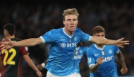 Napoli's Danish forward #19 Rasmus Hojlund celebrates after scoring his team's second goal during the Italian Serie A football match between SSC Napoli and Genoa CFC at the Diego Armando Maradona Stadium in Naples on October 5, 2025. (Photo by CARLO HERMANN / AFP)
