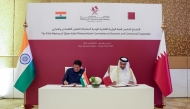 Minister of Commerce and Industry H E Sheikh Faisal bin Thani Al-Thani and Minister of Commerce and Industry of the Republic of India H E Piyush Goyal during the signing ceremony.