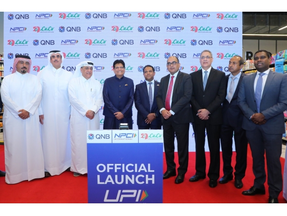 Minister of Commerce and Industry of India H E Piyush Goyal, Ambassador of India to Qatar H E Vipul, Global Director of Lulu Group International Dr Mohamed Althaf with QNB officials during the event. 