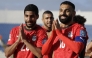 Egypt's forward #20 Ibrahim Adel celebrates with forward #10 Mohamed Salah after scoring his team's first goal during the FIFA World Cup 2026 Africa qualifier football match between Djibouti and Egypt at the Larbi Zaouli Stadium in Casablanca on October 8, 2025. (Photo by Abdel Majid BZIOUAT / AFP)