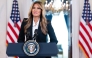 US First Lady Melania Trump speaks about communication with Russian President Vladimir Putin regarding the fate of Ukrainian children, in the Grand Foyer of the White House in Washington, DC, on October 10, 2025. (Photo by Saul Loeb / AFP)