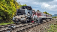 This handout photo provided by the Slovak Police via its Facebook site on October 13, 2025 shows a damaged train at the accident site of two collided passenger trains near the village of Jablonov nad Turnou close to Kosice, Slovakia. Photo by Handout / Slovak Police via FB / AFP