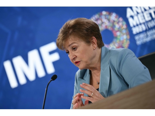 IMF Managing Director Kristalina Georgieva speaks during a press conference during the IMF/World Bank annual meetings at the IMF headquarters in Washington, DC, on October 16, 2025. (Photo by Brendan SMIALOWSKI / AFP)
