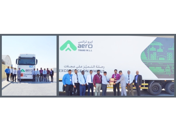 The Aero Trans team in Qatar celebrates the launch of their latest TIR-approved box trailer. The flag-off ceremony highlights the company's commitment and expansion of its international road transport capabilities.
