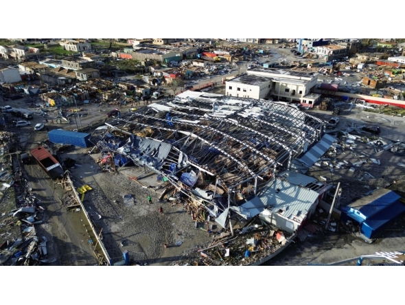 An aerial view of destroyed buildings following the passage of Hurricane Melissa, in Black River, St. Elizabeth, Jamaica on October 29, 2025. (Photo by Ricardo Makyn / AFP)

