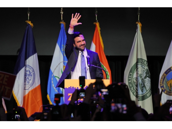 New York City Mayoral candidate Zohran Mamdani celebrates during an election night event at the Brooklyn Paramount Theater in Brooklyn, New York on November 4, 2025. (Photo by Angela Weiss / AFP)