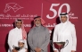 Sheikh Mohammed bin Faleh Al Thani handed the trophy to Aafoor’s trainer, M.H.K. Al Attiyah, who received it on behalf of Al Jeryan Stud. QREC Chairman Hamad bin Abdulrahman Al Attiya was also present. PICTURES: JUHAIM/QREC