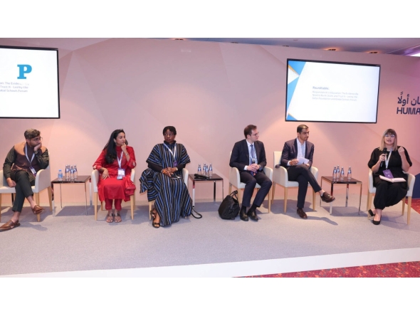 From second right: Edtech and AI lead at Gates Foundation, Jawad Ashgar; Founder and President of Darsel, AbdulHamid Haidar; Founder of The Education Partnership Centre and fellow at the Brookings Institution’s Center for Universal Education, Modupe Olateju; Founder and CEO of the Madhi Foundation, Merlia Shaukath; and CEO and Co-founder of Taleemabad, Haroon Yasin during the panel discussion yesterday. Pic: Rajan Vadakkemuriyil/The Peninsula
