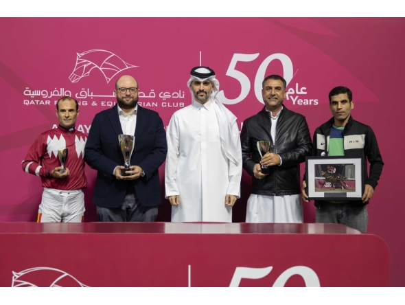 QREC's Head of Racing Operations Rashid Saed Adiba presented the trophies to connections of Estoori. PICS: Juhaim/QREC 
