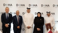 Chairperson of QFFD H E Sheikh Thani bin Hamad Al-Thani, Minister of State for International Cooperation and Vice Chairperson of QFFD H E Dr. Maryam bint Ali bin Nasser Al Misnad with other officials during the signing ceremony.