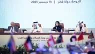 Minister of Social Development and Family H E Buthaina bint Ali Al Jabr Al Nuaimi (second right) chairing 42nd session of the Council of Arab Ministers of Housing and Construction in Doha yesterday.
