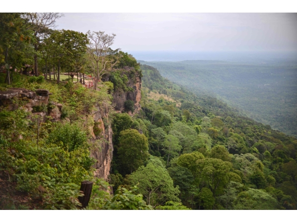 This picture taken on May 29, 2024, shows a general view of the border between Thailand (L) and Cambodia (R) at Khao Phra Viharn national park in the Kantharalak district of Thailand's Sisaket province. (Photo by Amaury PAUL / AFP)
