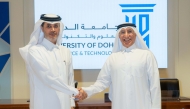 President of the University of Doha for Science and Technology (UDST) Dr. Salem Al-Naemi and Editor-in-Chief of The Peninsula and Media Advisor at Qatar Media Corporation (QMC) Prof. Khalid Mubarak Al-Shafi during honouring ceremony held recently at UDST premises.